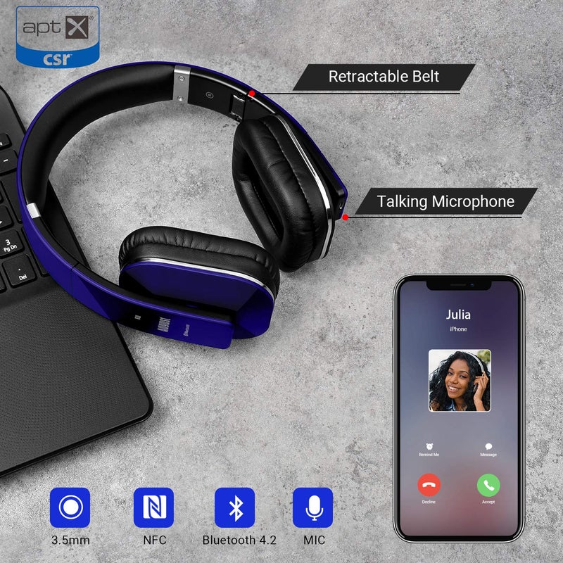 August EP650 Bluetooth Wireless Over-Ear Headphones with aptX Low Latency, NFC, Multipoint Pairing, Wired Option, Built-in Microphone - Blue - Image 5